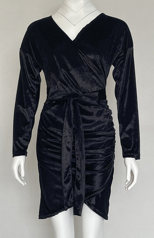 Velvet Long Sleeve Wrap Dress with Tie Up Waist