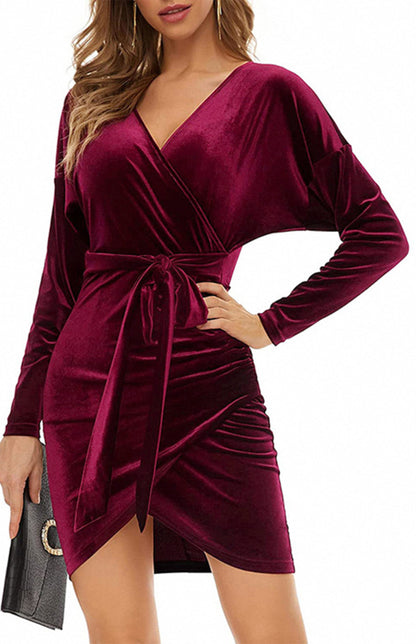 Velvet Long Sleeve Wrap Dress with Tie Up Waist