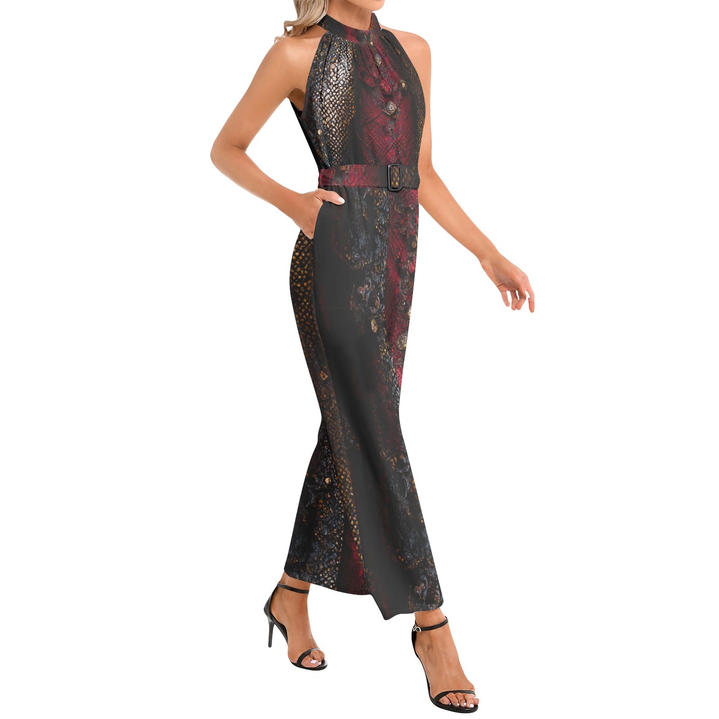 MEDIEVAL TEXTURES SNAKE Halter Neck Buckle Belted Jumpsuit