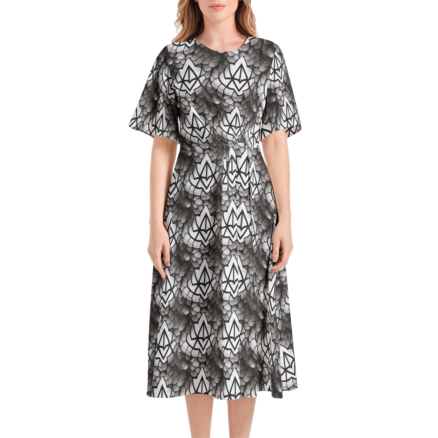 SECRET SOCIETY Short Sleeve Waist Folding Midi Dress