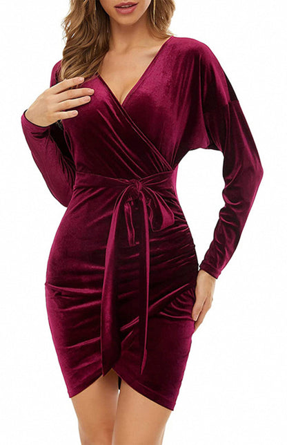 Velvet Long Sleeve Wrap Dress with Tie Up Waist