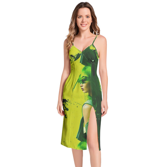 GREEN APPLE Split Thigh V-Neck Cami Dress