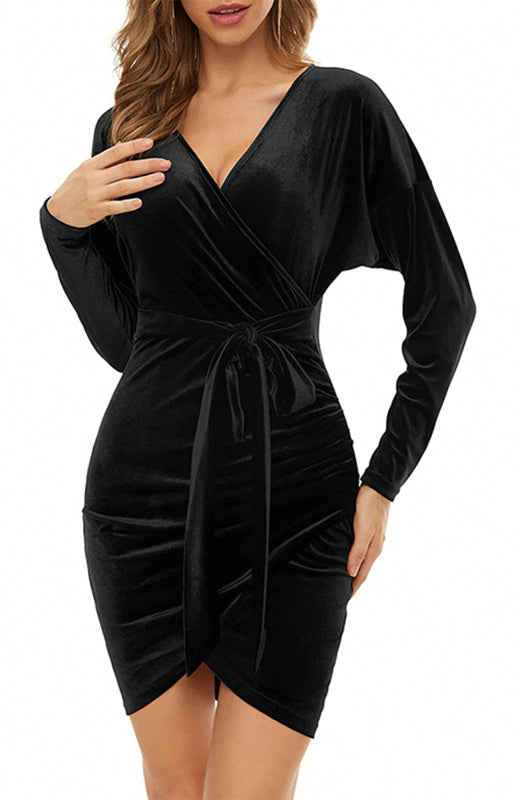 Velvet Long Sleeve Wrap Dress with Tie Up Waist