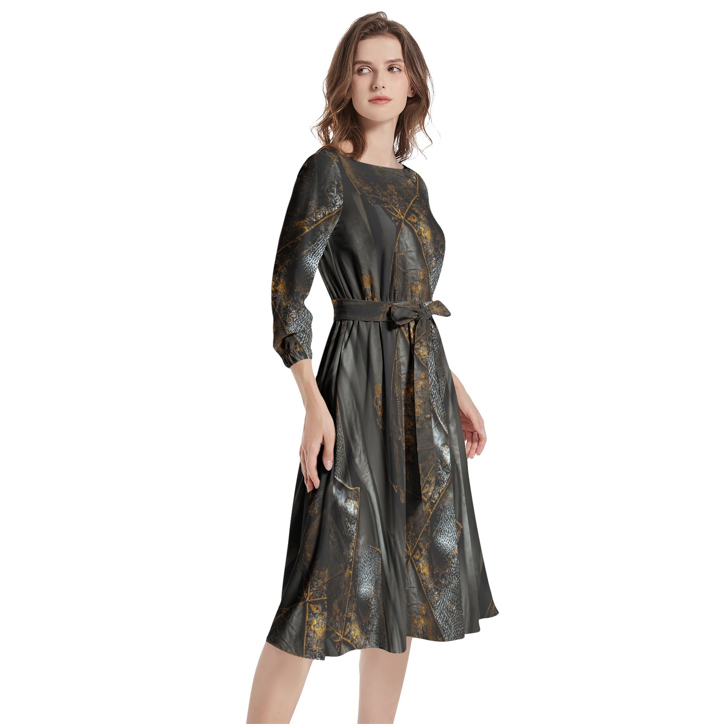 MEDIEVAL TEXTURES MARIGOLD Boat Neck Belted Flared Dress