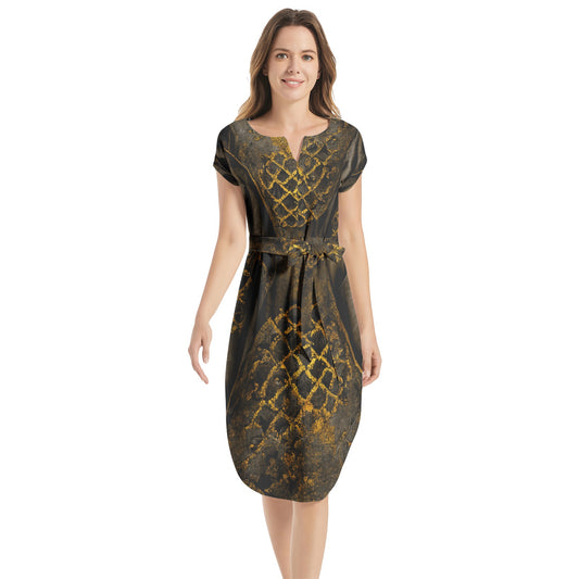 MEDIEVAL TEXTURES GOLD Notched Neck Belted Dress