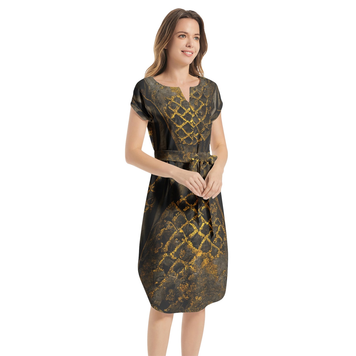 MEDIEVAL TEXTURES GOLD Notched Neck Belted Dress