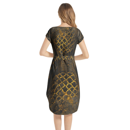 MEDIEVAL TEXTURES GOLD Notched Neck Belted Dress