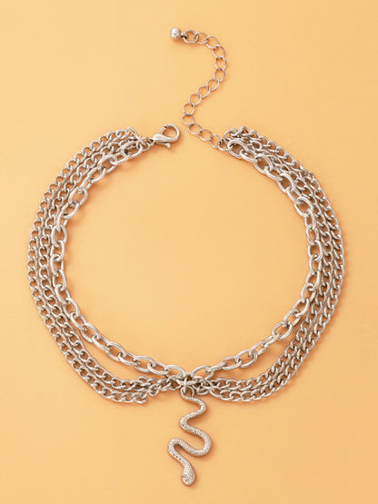 Anklet Gold Snake Heart Chain Tassel Pendant 3-layer Piece Jewelry