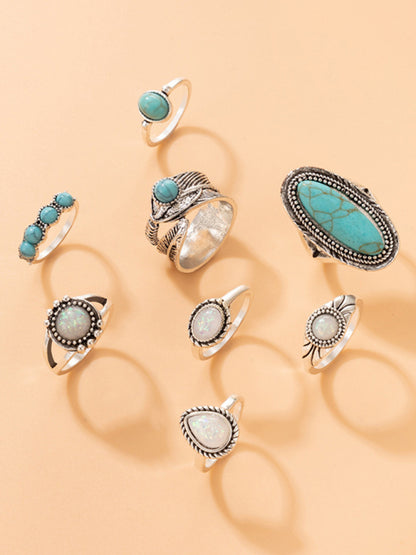 Ring Set Inlaid Turquoise Carved 8-piece Combination Bohemian Jewelry