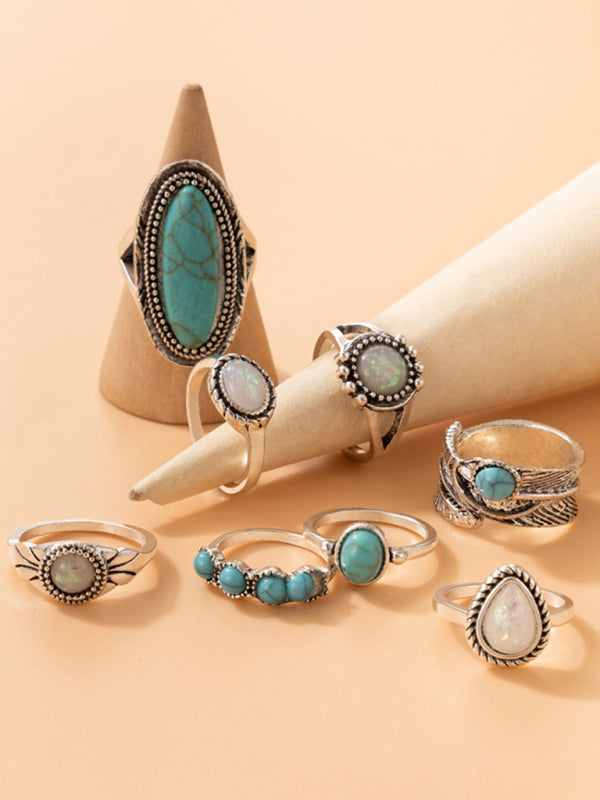 Ring Set Inlaid Turquoise Carved 8-piece Combination Bohemian Jewelry