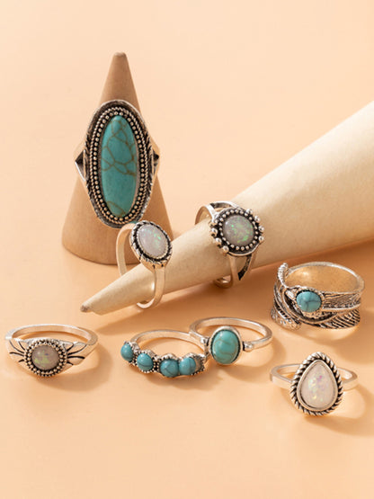 Ring Set Inlaid Turquoise Carved 8-piece Combination Bohemian Jewelry