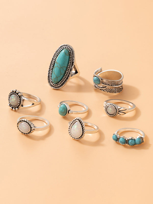 Ring Set Inlaid Turquoise Carved 8-piece Combination Bohemian Jewelry