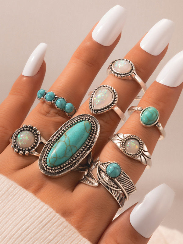 Ring Set Inlaid Turquoise Carved 8-piece Combination Bohemian Jewelry
