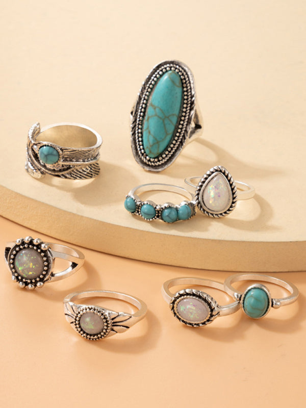 Ring Set Inlaid Turquoise Carved 8-piece Combination Bohemian Jewelry