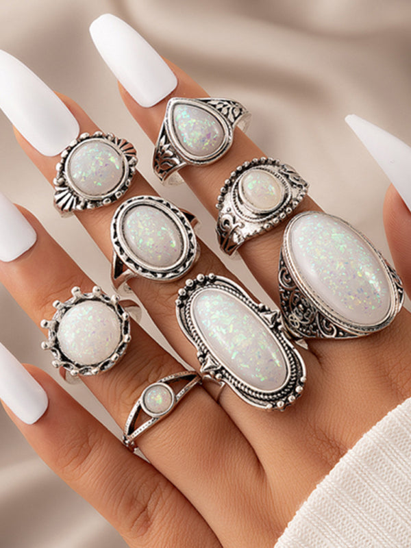 Ring Set Inlaid Turquoise Carved 8-piece Combination Bohemian Jewelry