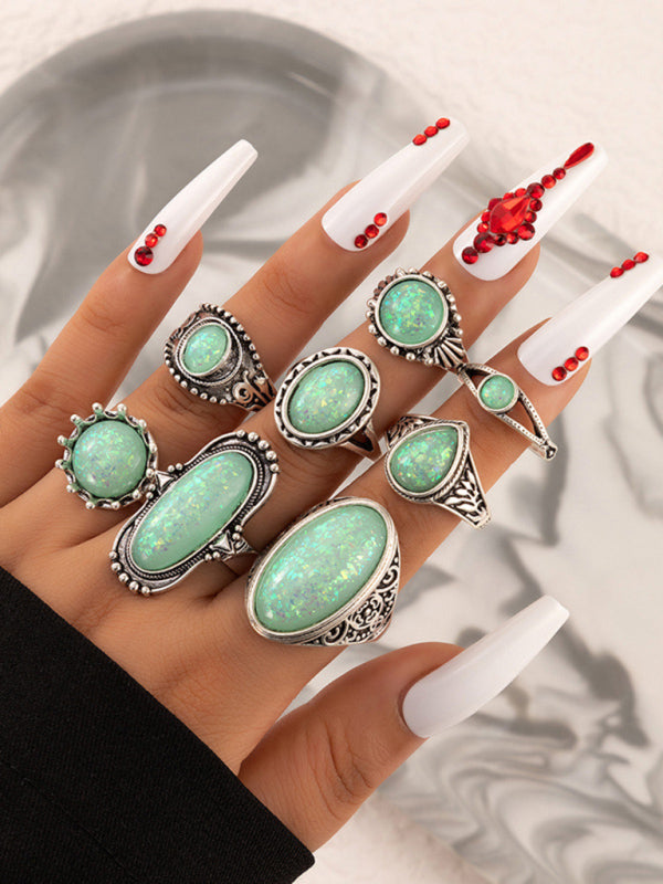 Ring Set Inlaid Turquoise Carved 8-piece Combination Bohemian Jewelry