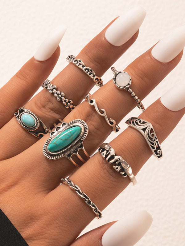 Ring Set Inlaid Turquoise Carved 8-piece Combination Bohemian Jewelry