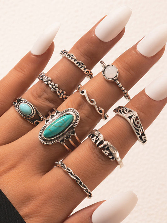 Ring Set Inlaid Turquoise Carved 8-piece Combination Bohemian Jewelry
