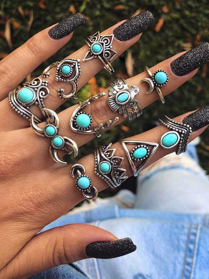 Ring Set Inlaid Turquoise Carved 8-piece Combination Bohemian Jewelry