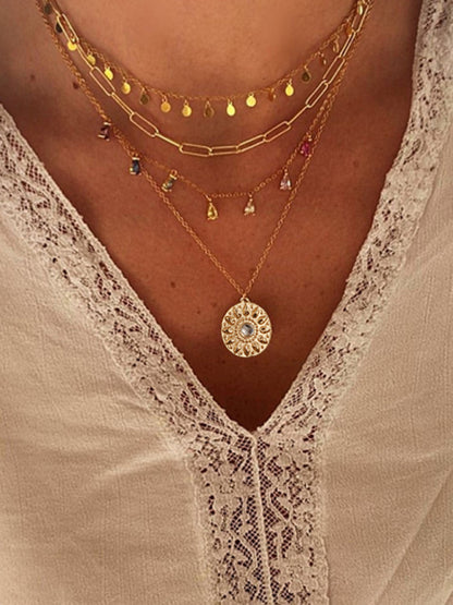 Necklace Geometric Disc Alloy Buckle Rhinestone Tassel Disc Pendant 4-layer Jewelery