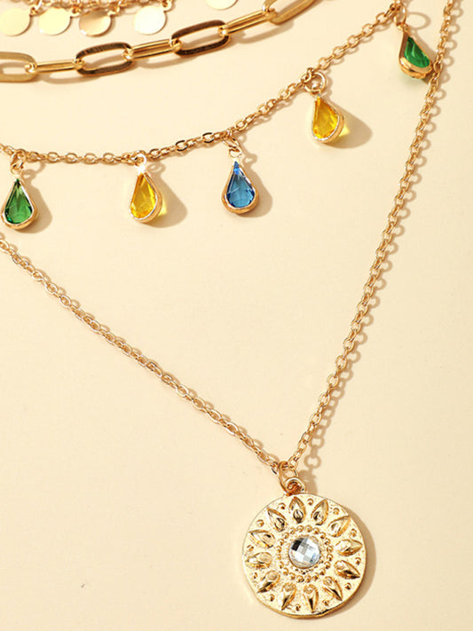 Necklace Geometric Disc Alloy Buckle Rhinestone Tassel Disc Pendant 4-layer Jewelery