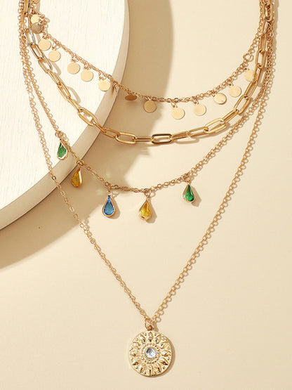 Necklace Geometric Disc Alloy Buckle Rhinestone Tassel Disc Pendant 4-layer Jewelery