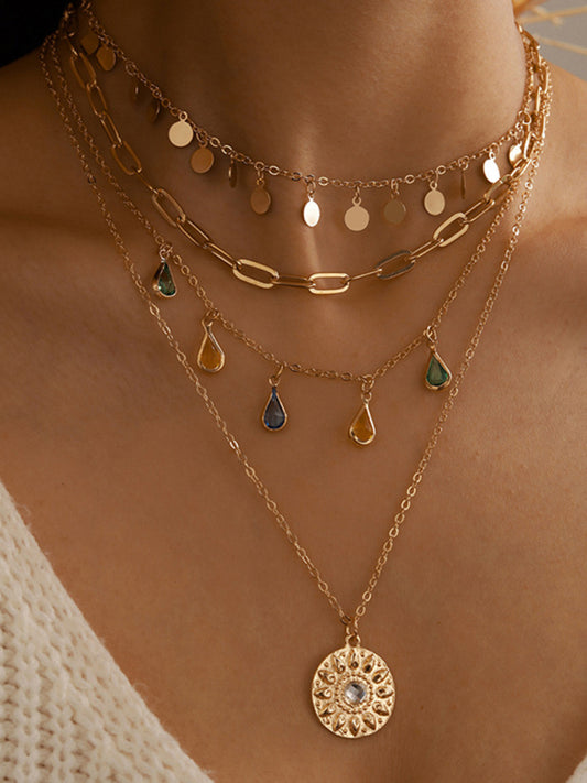 Necklace Geometric Disc Alloy Buckle Rhinestone Tassel Disc Pendant 4-layer Jewelery