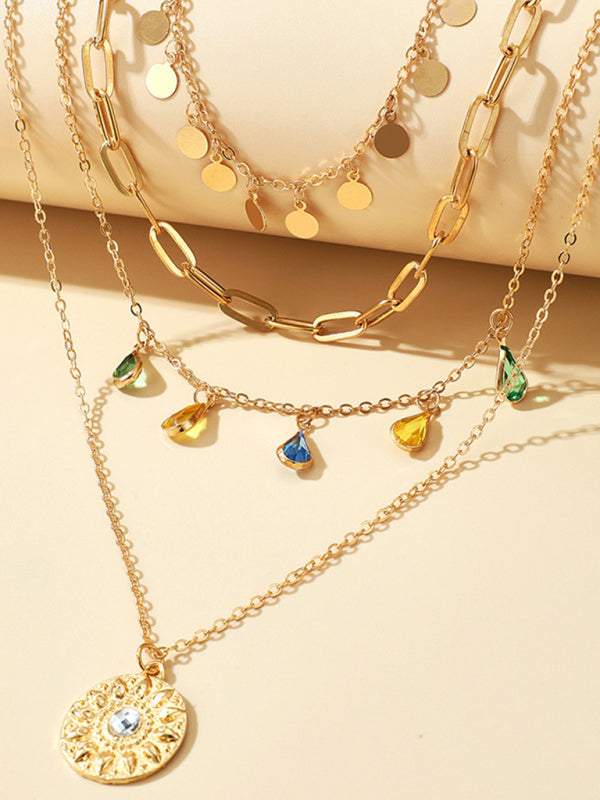 Necklace Geometric Disc Alloy Buckle Rhinestone Tassel Disc Pendant 4-layer Jewelery