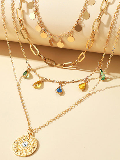 Necklace Geometric Disc Alloy Buckle Rhinestone Tassel Disc Pendant 4-layer Jewelery