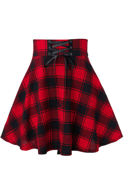 Lace Up Waist Plaid Pattern Print Skirt