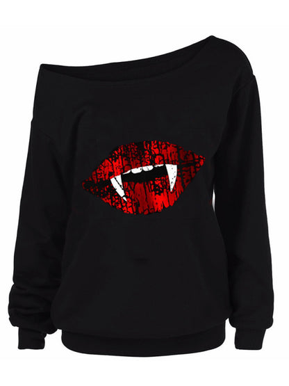 Vamp Lips Assymetrical Single Shoulder Long Sleeve Tee