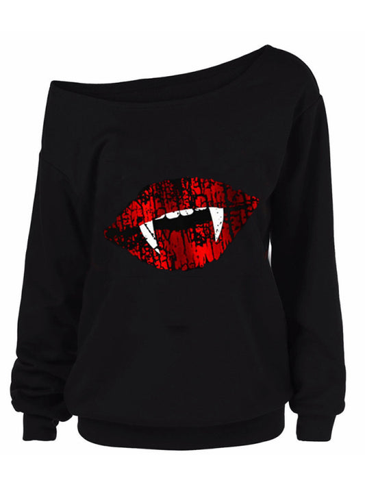 Vamp Lips Assymetrical Single Shoulder Long Sleeve Tee
