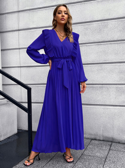 Vintage Pleated Long Sleeve Maxi Dress With Waist Tie
