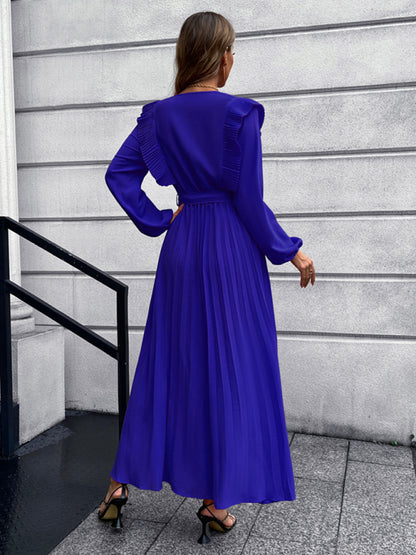 Vintage Pleated Long Sleeve Maxi Dress With Waist Tie