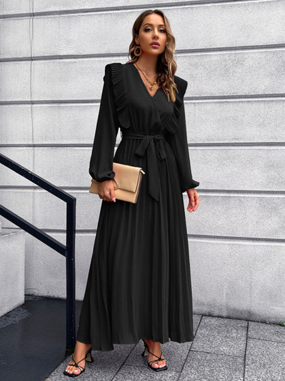 Vintage Pleated Long Sleeve Maxi Dress With Waist Tie