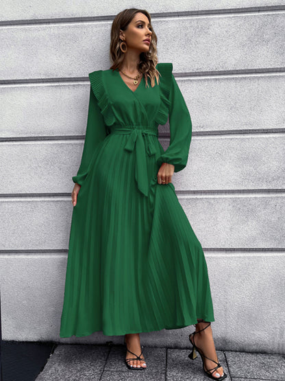 Vintage Pleated Long Sleeve Maxi Dress With Waist Tie