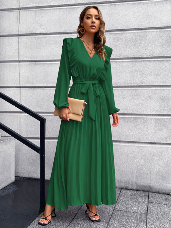 Vintage Pleated Long Sleeve Maxi Dress With Waist Tie