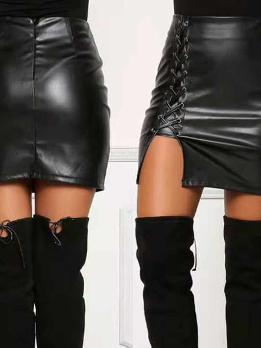 Faux Leather Lace Up Split Vinyl Mini Skirt