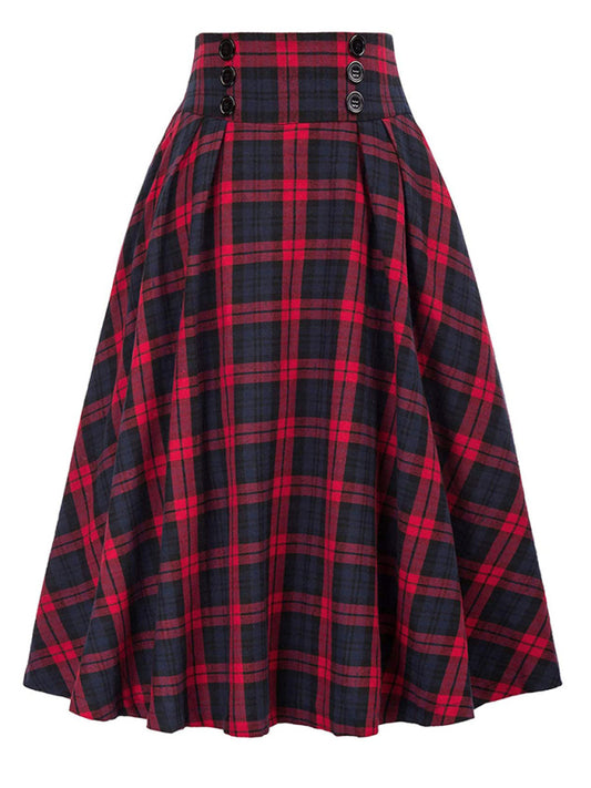 Tartan Victorian Buttons High Waist Midi Skirt