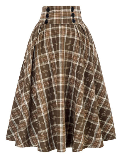 Tartan Victorian Buttons High Waist Midi Skirt