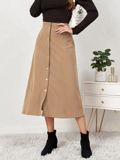 Corduroy Button Front A-Line Midi Skirt