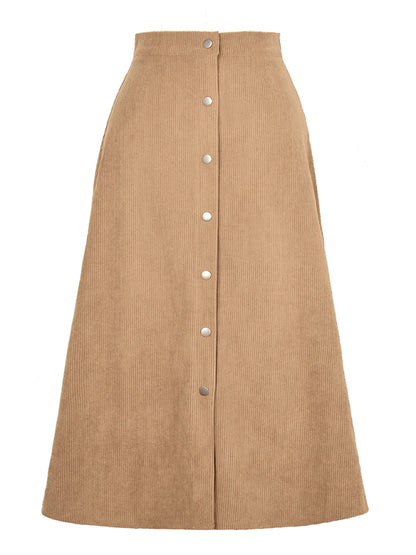 Corduroy Button Front A-Line Midi Skirt