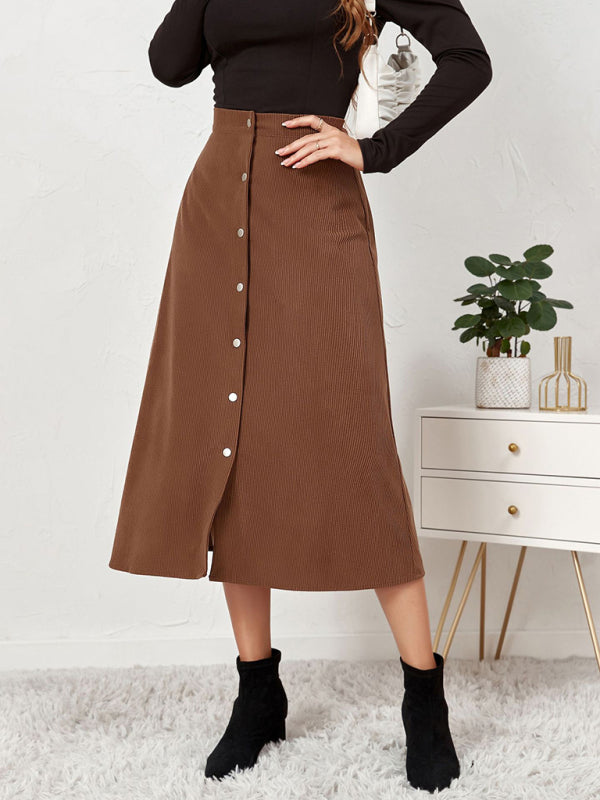 Corduroy Button Front A-Line Midi Skirt