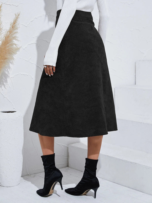 Corduroy Button Front A-Line Midi Skirt