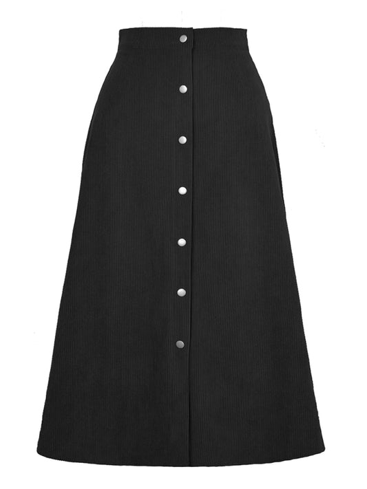Corduroy Button Front A-Line Midi Skirt