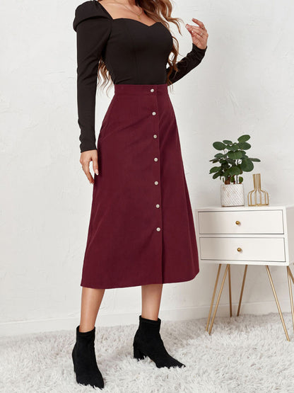 Corduroy Button Front A-Line Midi Skirt