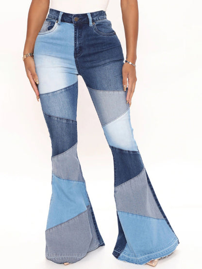 Colorblock High Waist Flared Denim Jeans