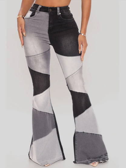 Colorblock High Waist Flared Denim Jeans