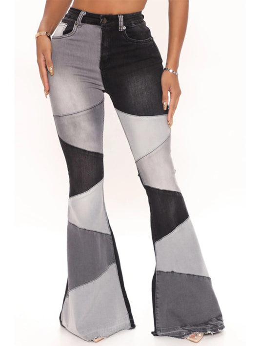 Colorblock High Waist Flared Denim Jeans