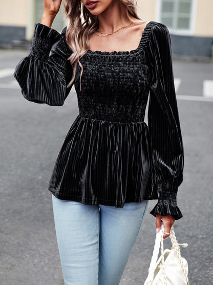 Velvet Ruffle Long Sleeved Top